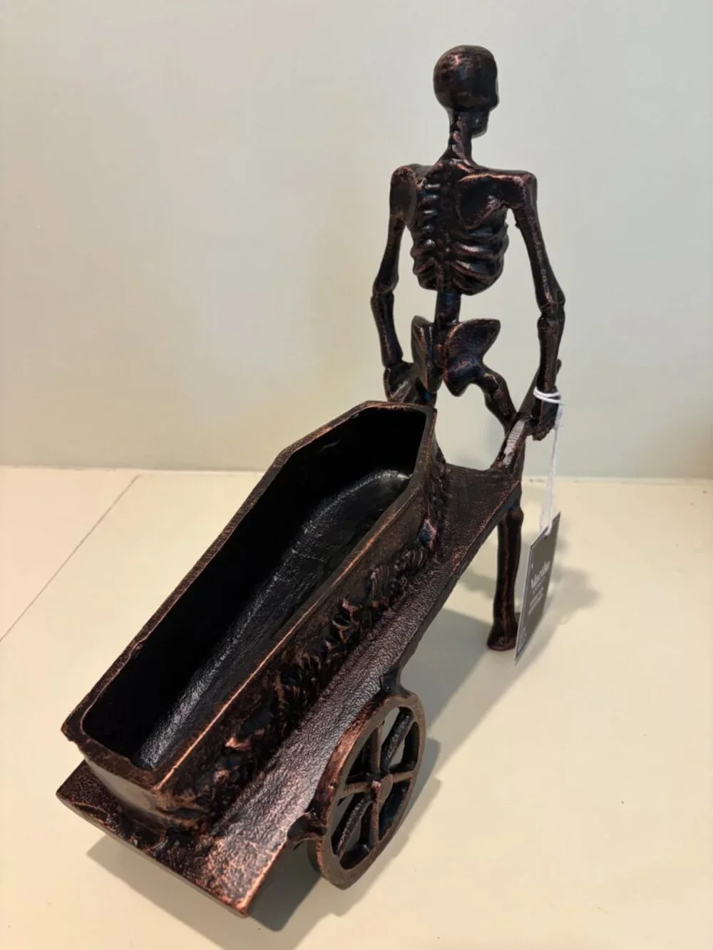 MARTHA STEWART BRONZE HALLOWEEN SKELETON PULLING COFFIN DECORATION 14